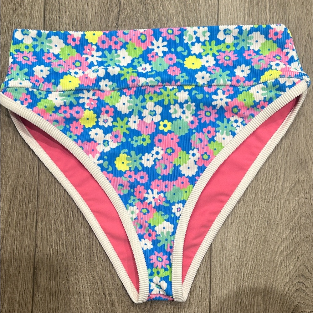LainSnow Floral High-Waist Bikini Bottom in Blue, Pink & Yellow